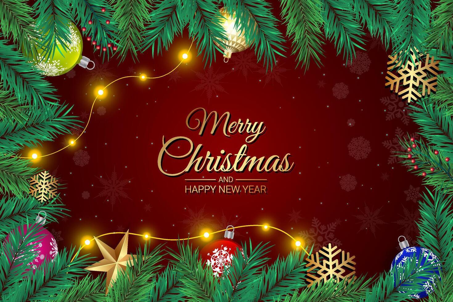 Festive Christmas greeting card with ornaments, pine branches, and glowing lights vector