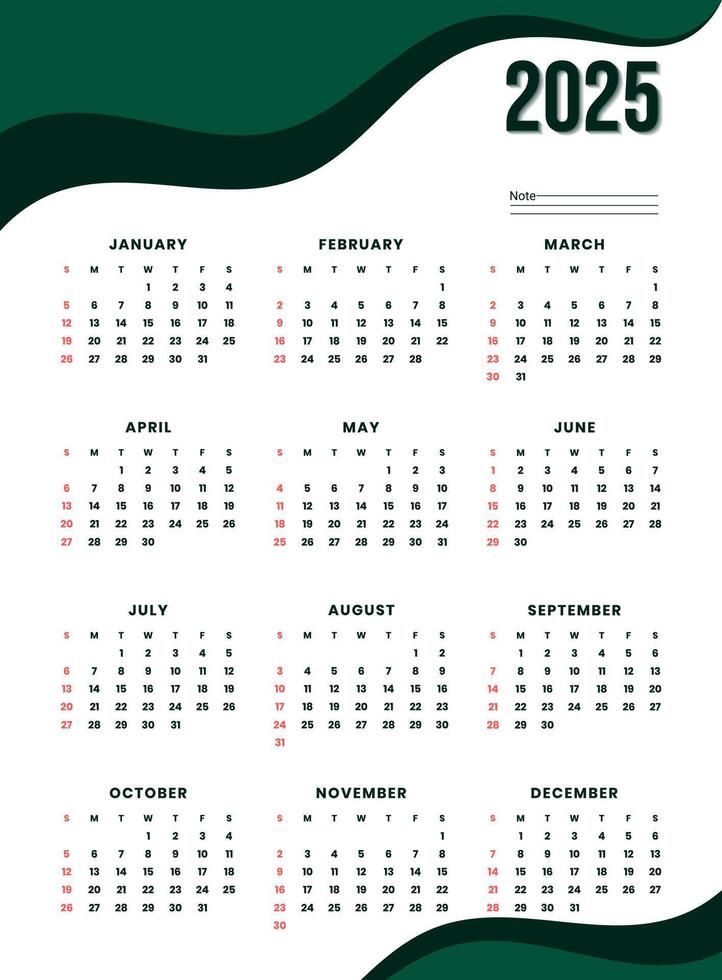 2025 calendar layout with green wave accents for wall or desk use vector