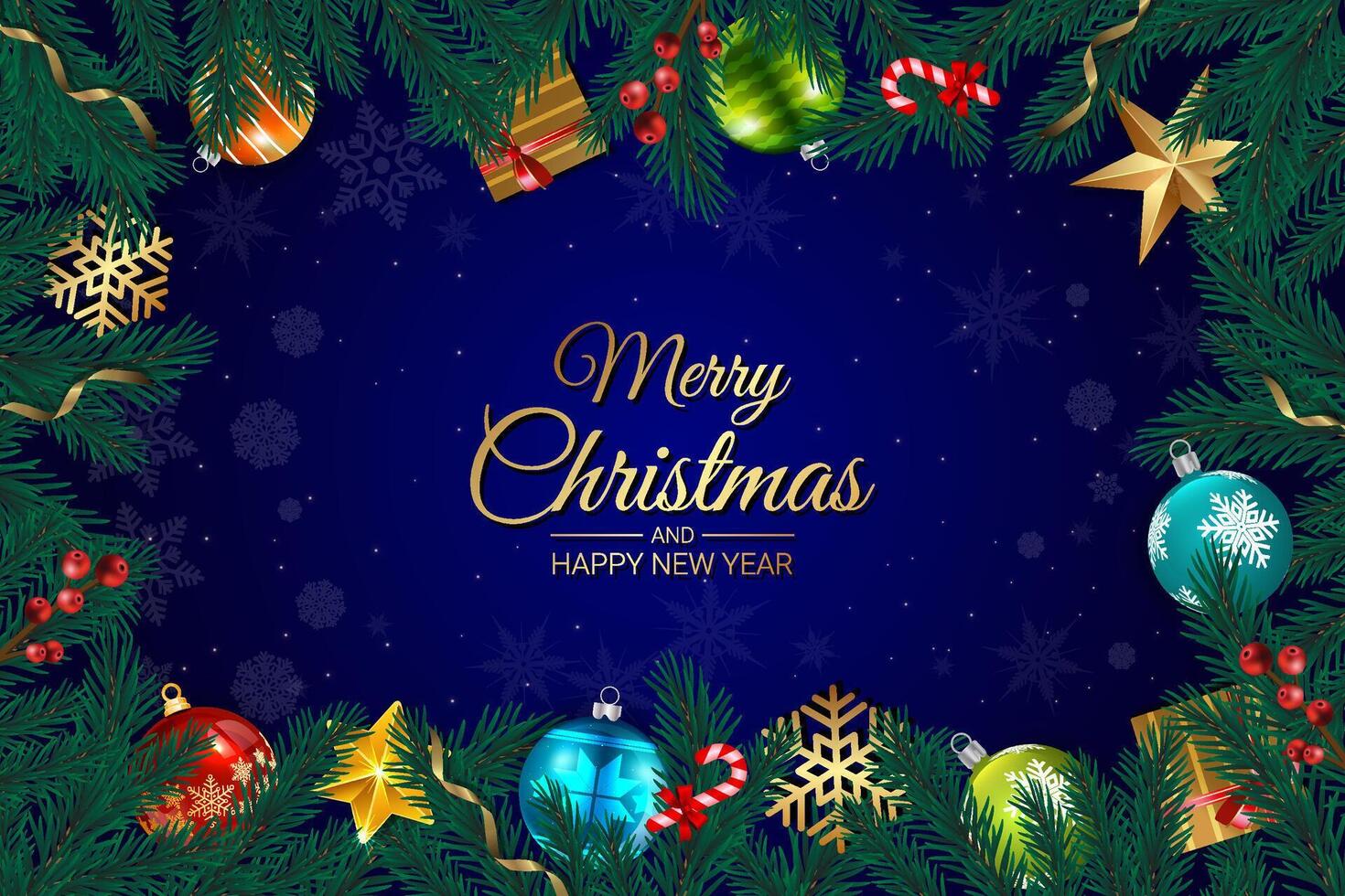 Merry Christmas and Happy New Year Greeting with Ornaments on Blue Background vector