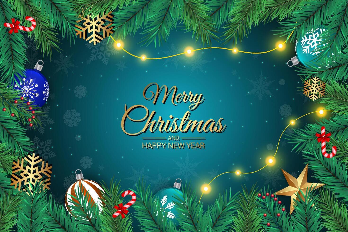 Christmas Greeting Card with Pine Branches, Ornaments, and Festive Lights vector