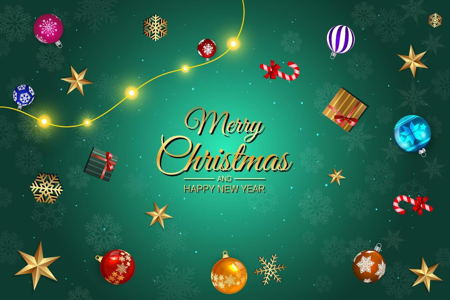 Christmas and New Year Greeting Card with Ornaments, Gifts, and Candy Canes on Green Background vector