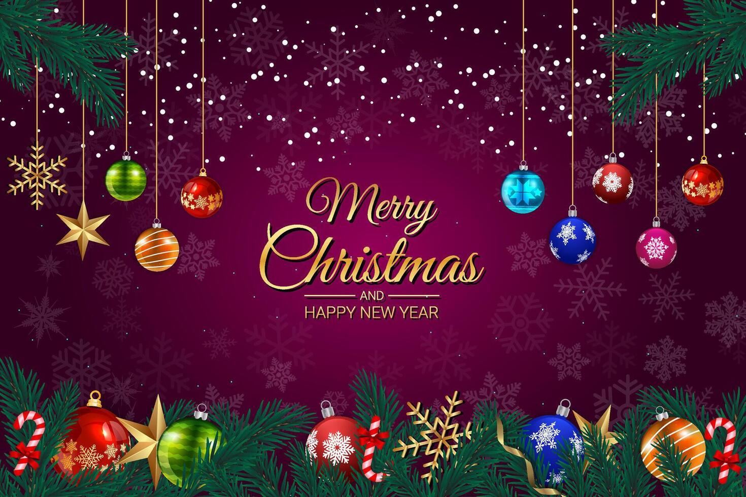 Christmas Card with Hanging Ornaments and Fir Branches on Purple Background vector