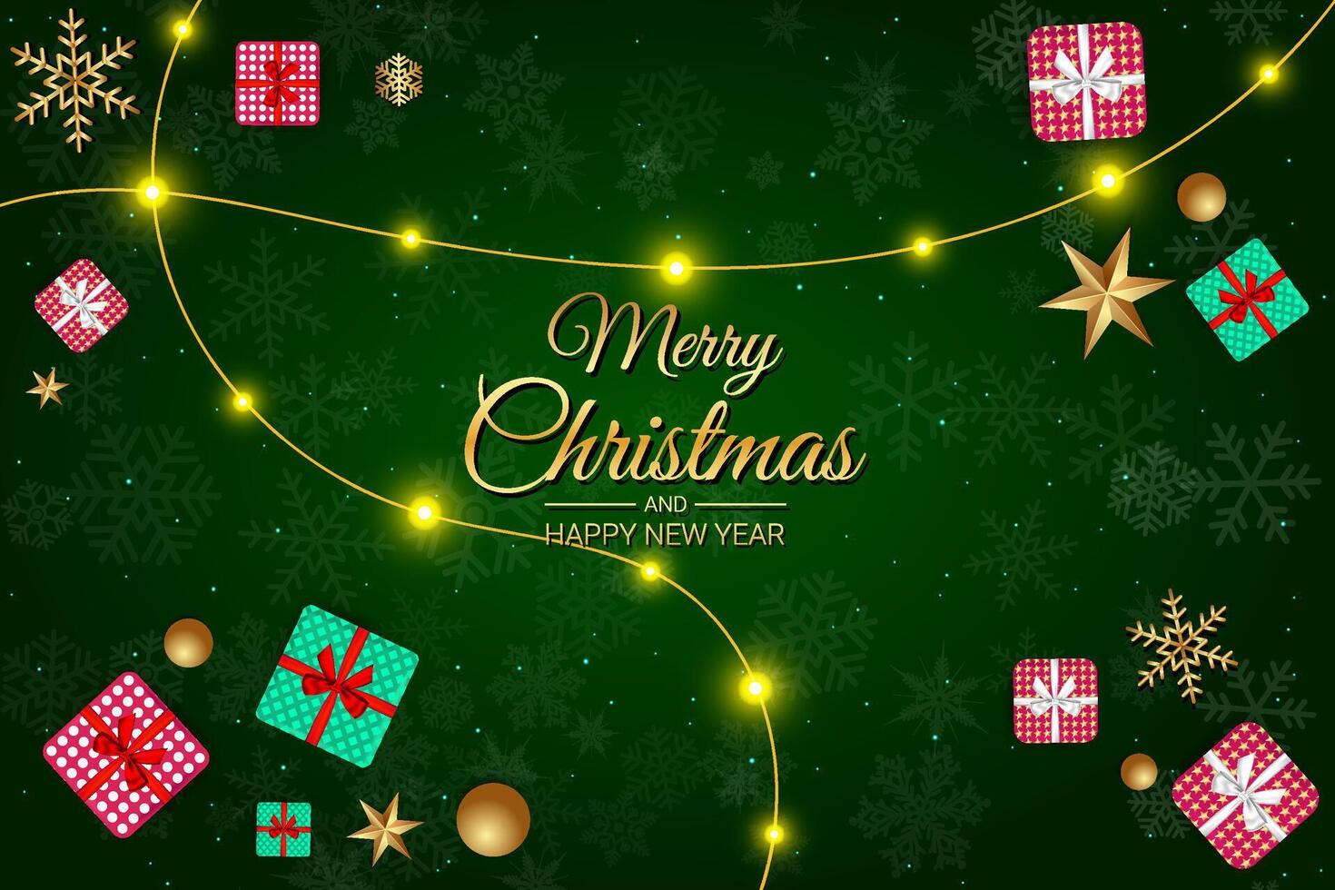 Festive Merry Christmas and Happy New Year Background with Gifts and Lights on Green vector