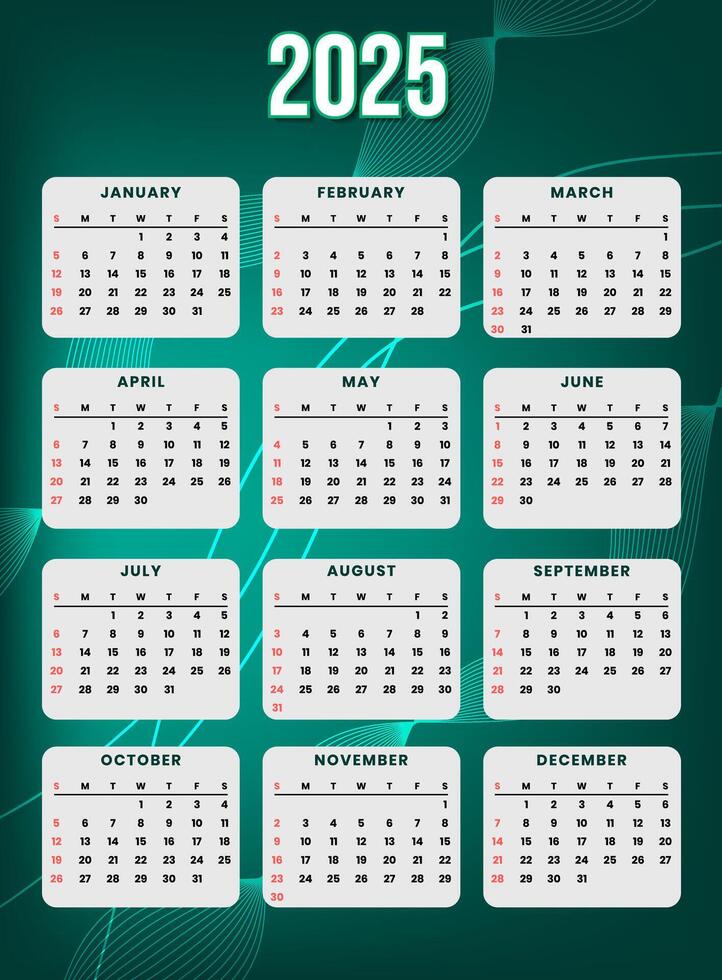 2025 Calendar Template with Green Lines Design for Business vector