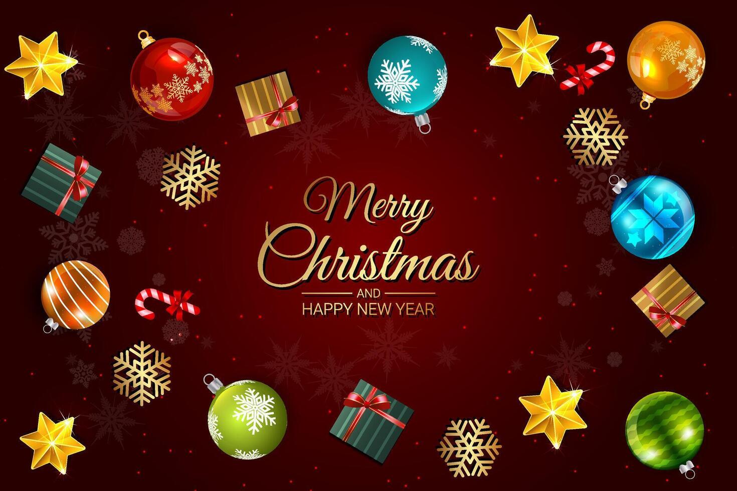 Merry Christmas and Happy New Year Greeting with Ornaments on Red Background vector