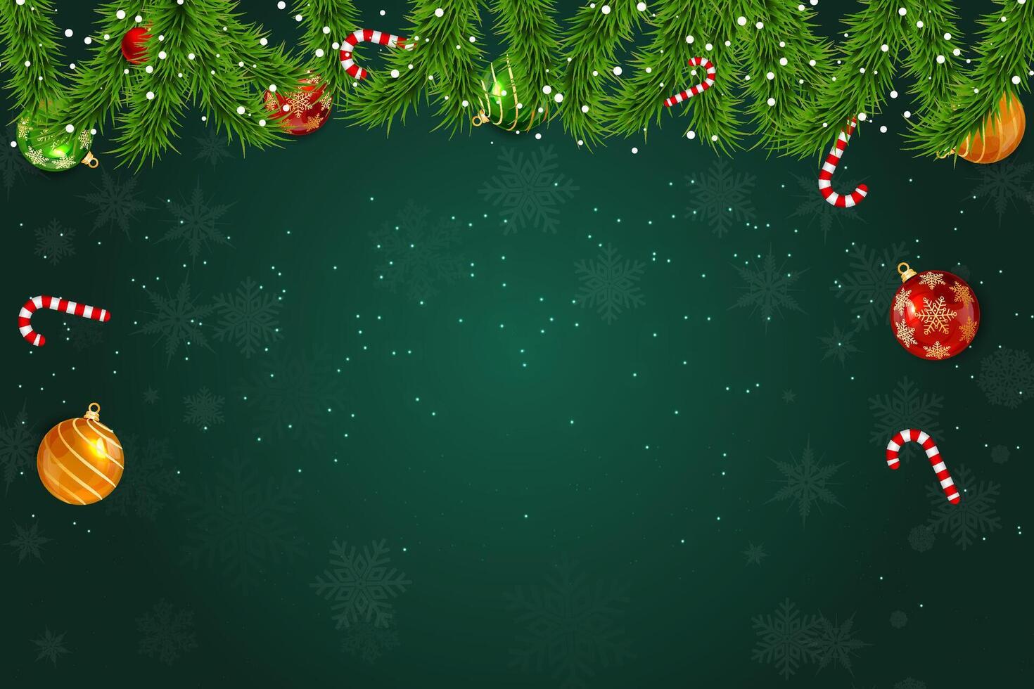 Festive Christmas background with ornaments, candy canes, and fir branches vector