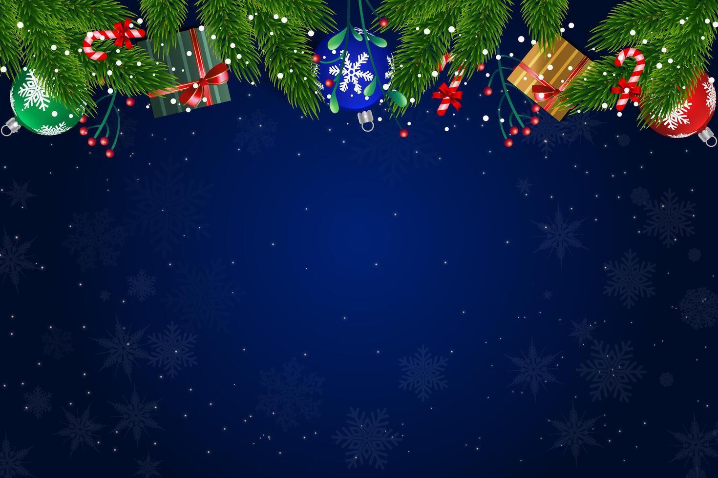 Christmas Background with Ornaments, Gifts, and Candy Canes on Dark Blue vector