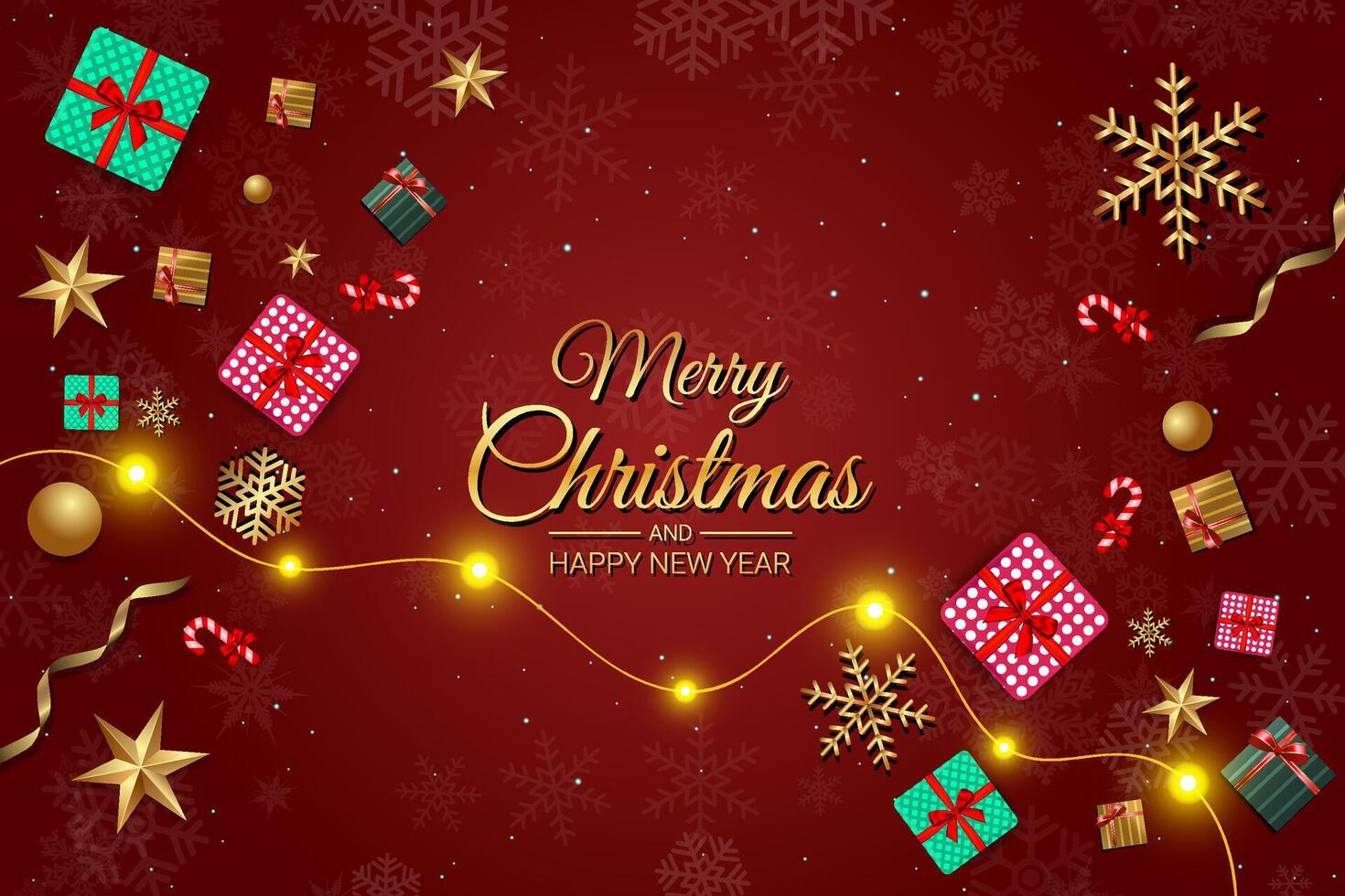 Christmas holiday greeting card with gift boxes, golden snowflakes, and lights vector
