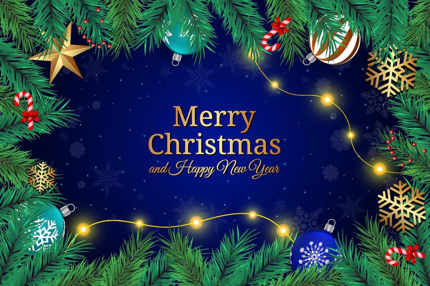 Christmas Greeting Card with Pine Garlands, Ornaments, and Festive Lights on Dark Blue Background vector