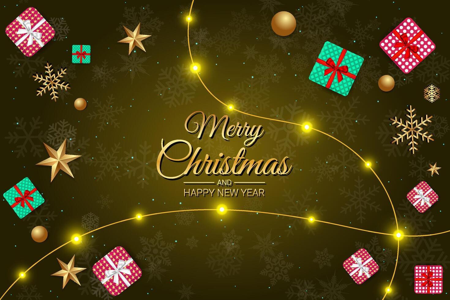 Elegant Christmas greeting card with gift boxes, snowflakes, and festive lights vector