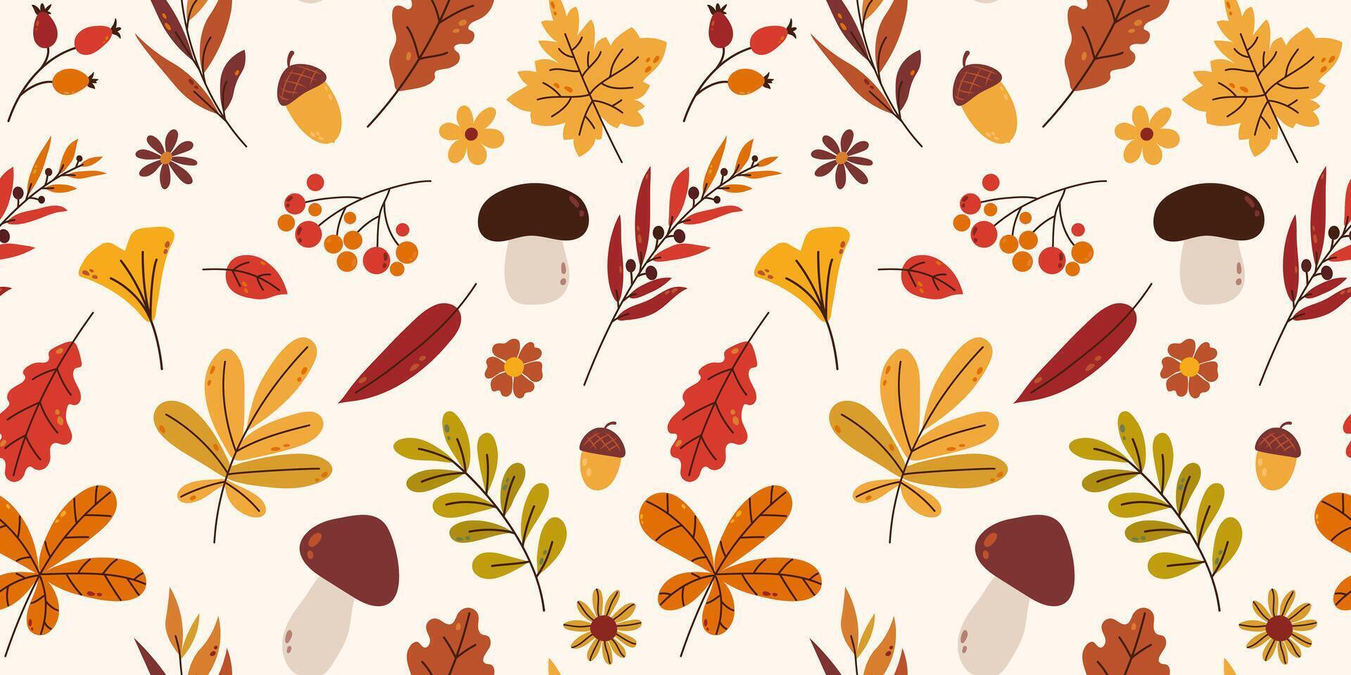 Bright autumnal seamless pattern with abstract leaves, berries of rowan, acorns, flowers and mushrooms. Hand drawn flat style. For background, wallpaper, textile, packaging. vector