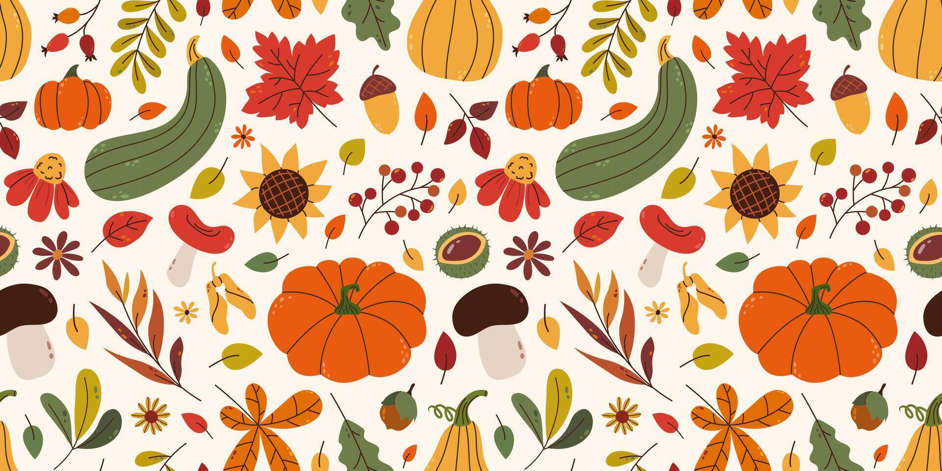 Autumnal seamless pattern with various multicolored foliage, pumpkins, sunflower, berries, chestnut and mushrooms in contemporary flat style. For background, wallpaper, textile, wrapper. vector