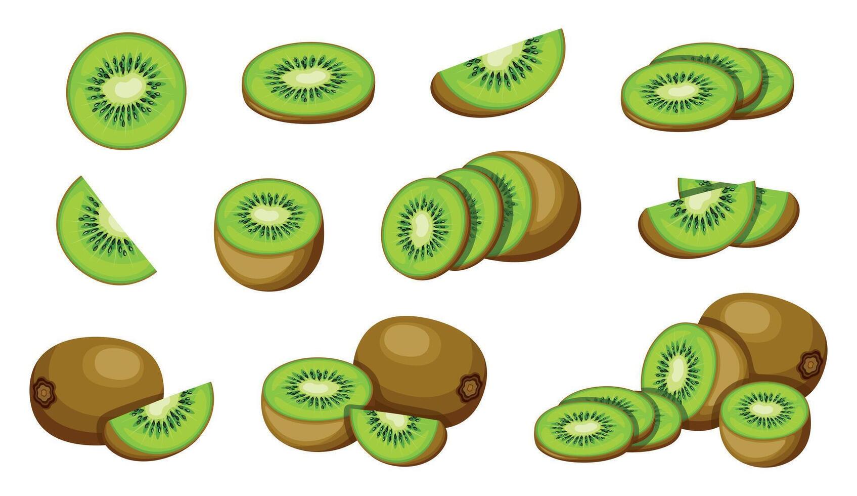 Set of delicious, fresh kiwi fruits in cartoon style. Flat illustration of healthy and nutritious kiwi fruits of different sizes, whole, half, circle, slices isolated on white background. vector
