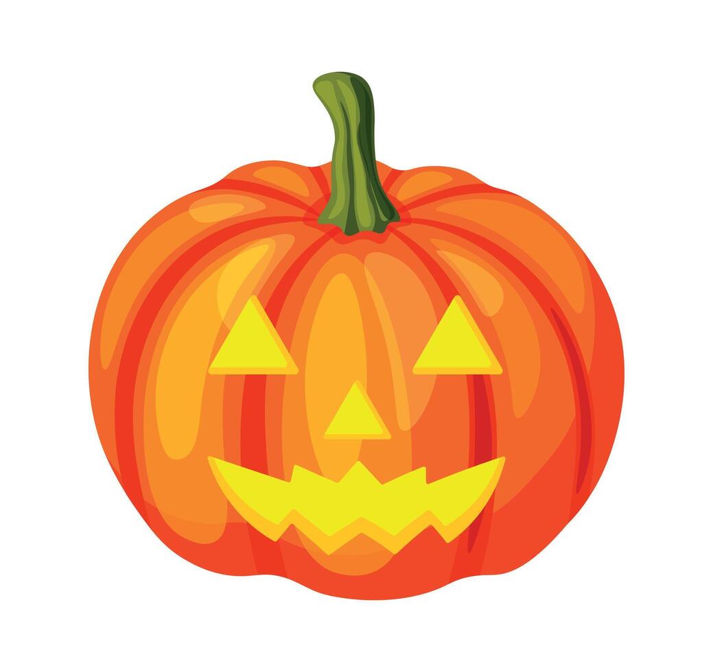Halloween pumpkin in cartoon style. Flat illustration of an orange funny pumpkin with slits for eyes, nose, mouth isolated on white background. Jack-o'-lantern. Halloween symbol. vector