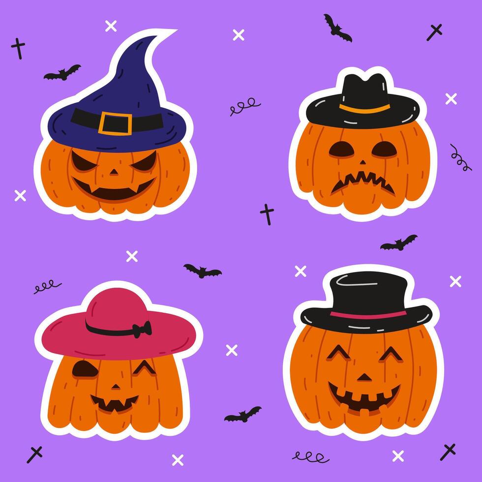 Scary Halloween pumpkin set stickers. A collection of hand drawn pumpkin with character face in different hat. illustration vector