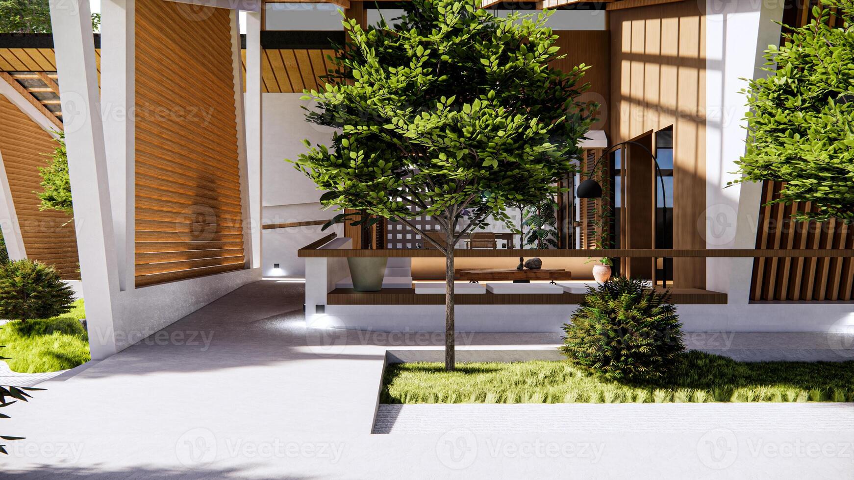 A Warm and Nature Harmonizing Single-Story Wooden-Patterned House photo