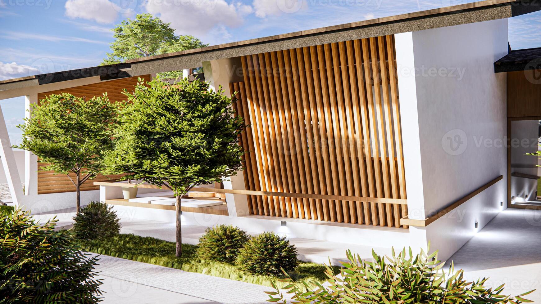 A Warm and Nature Harmonizing Single-Story Wooden-Patterned House photo