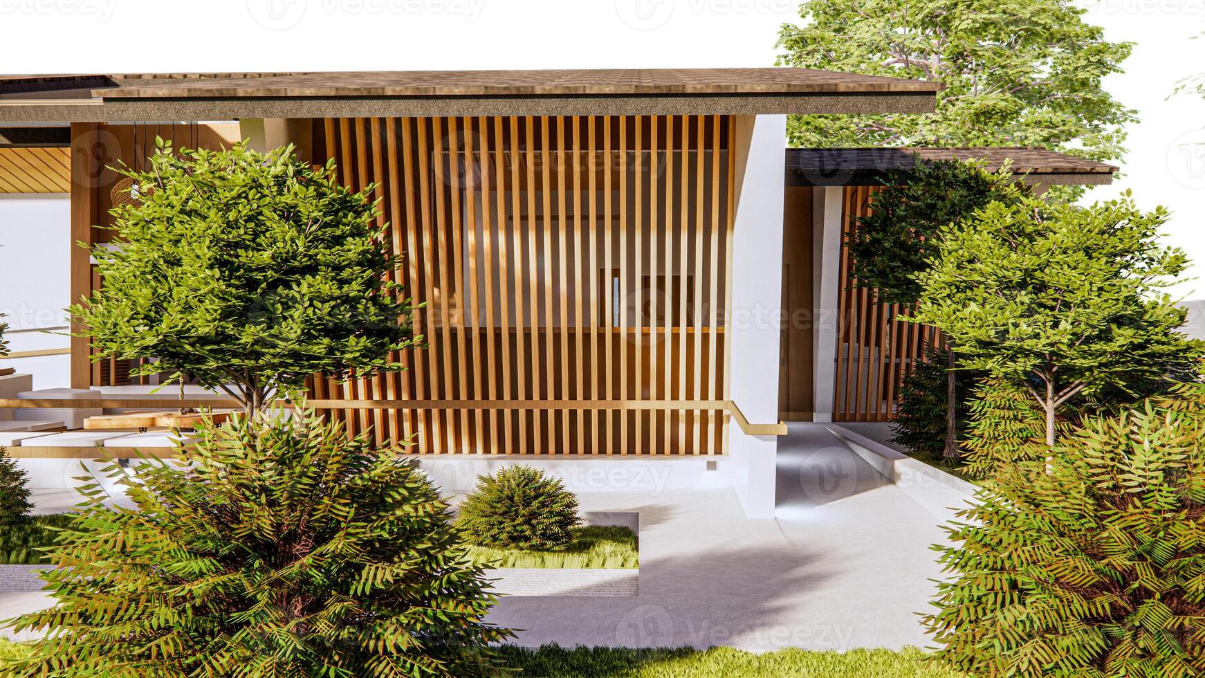 A Warm and Nature Harmonizing Single-Story Wooden-Patterned House photo