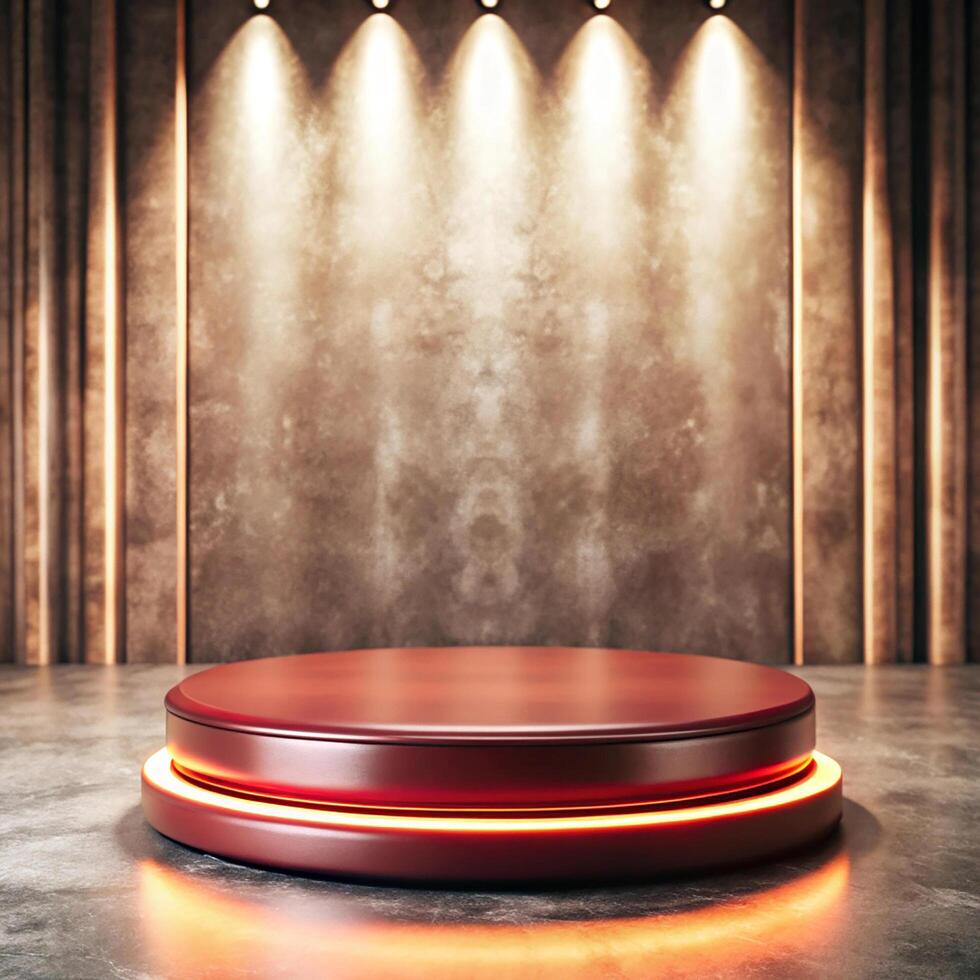 Red podium with spotlight in a dark room photo