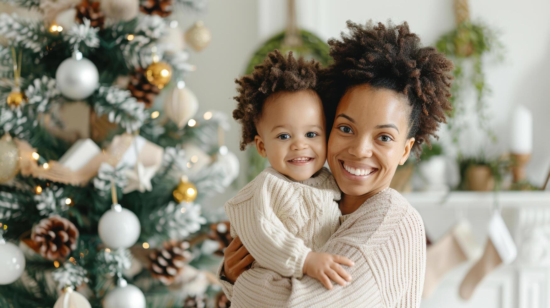 Happiness of African American mother and baby kid smiling with pine tree for decorated with golden ball, pine cone and snowflake in cozy living room for celebration on christmas and new year festival photo