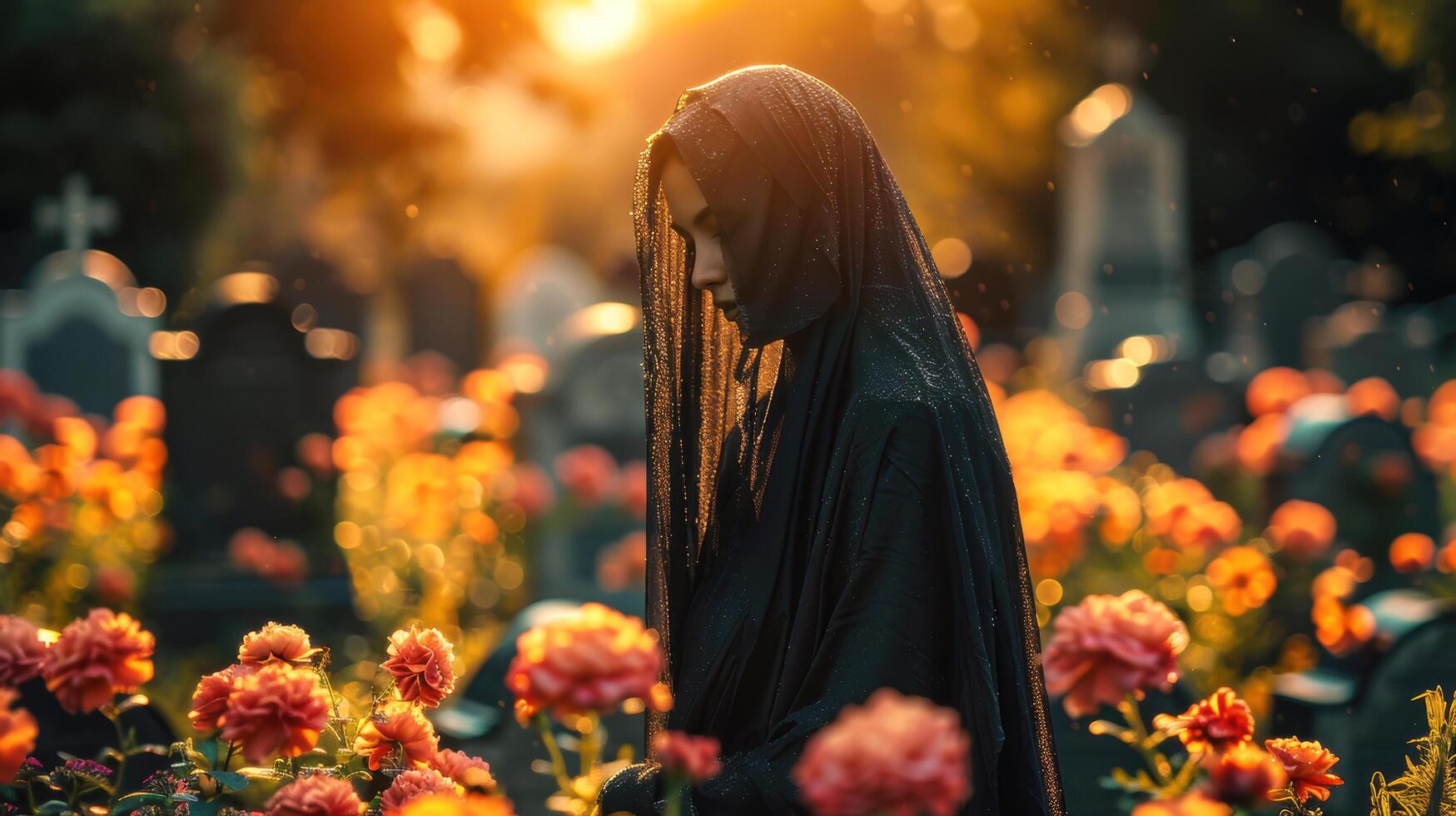 Gypsy woman tribe or Muslim young girl wearing black hijab is calm in cemetery surrounded by graves with blooming flowers garden in natural sunlight photo