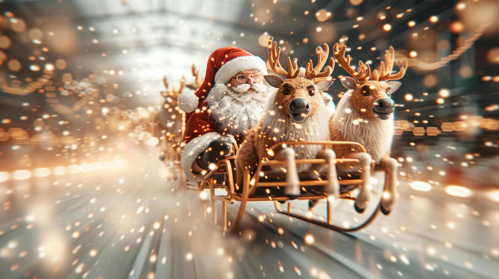 Santa Claus riding reindeer delivering Christmas gift is speeding forward with glittering light on celebration christmas festival in imagination fantasy photo