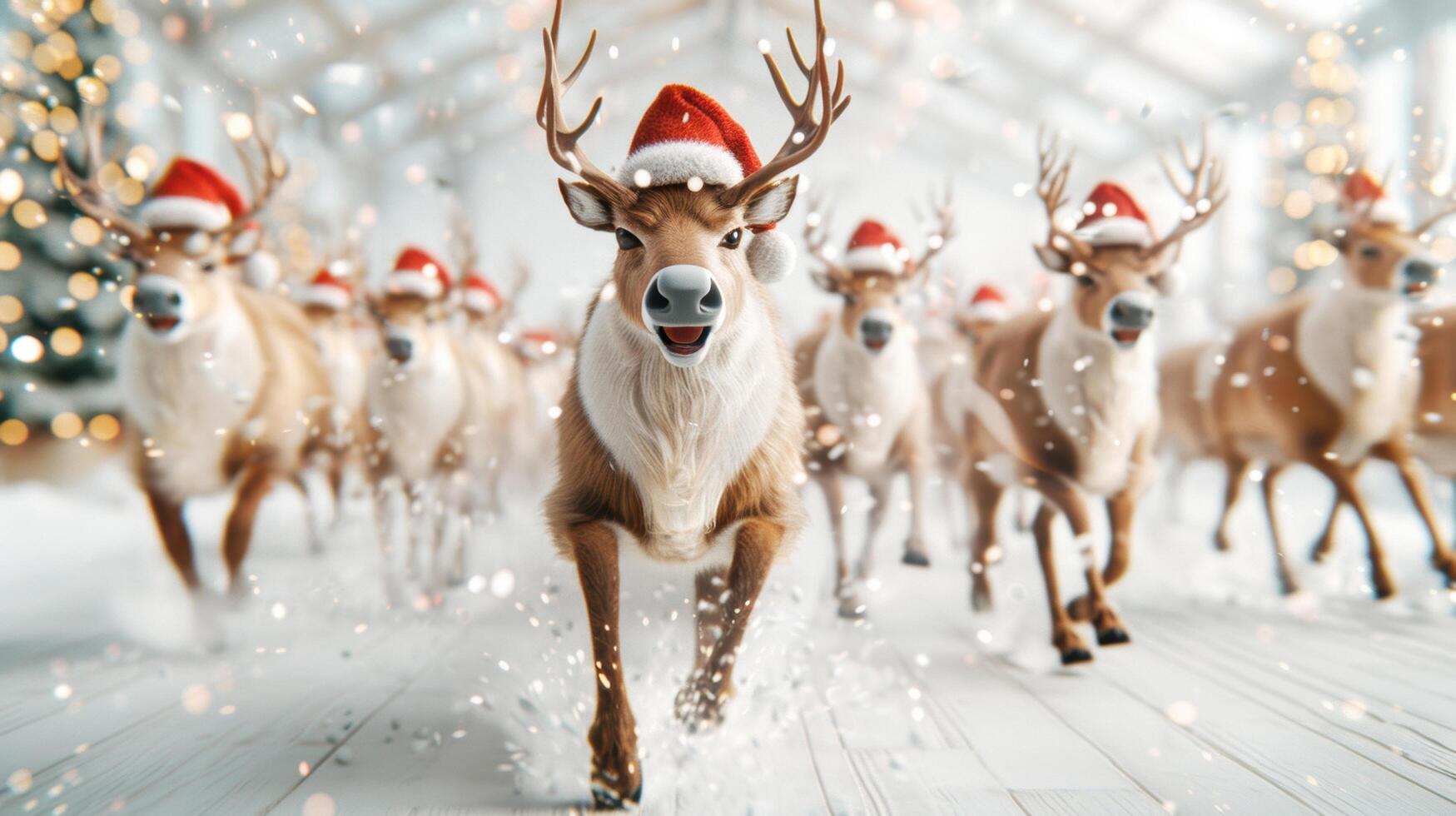 herd of reindeer wearing red hat and runs from a barn farm is decorated with Christmas trees and sparkle light towards Santa Claus for delivering Christmas gift in celebration christmas festival photo