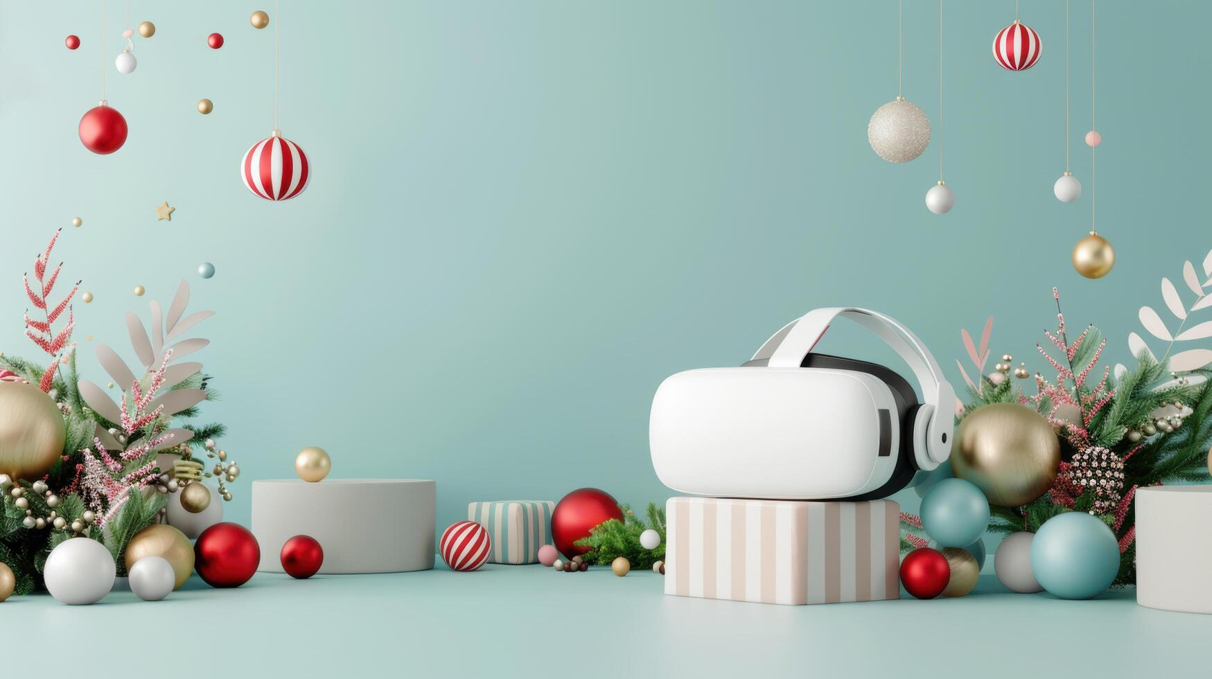 futuristic of Christmas celebration with virtual realistic glasses on gift box with colorful balls and pine cone decorated on pastel green background. Copy space photo