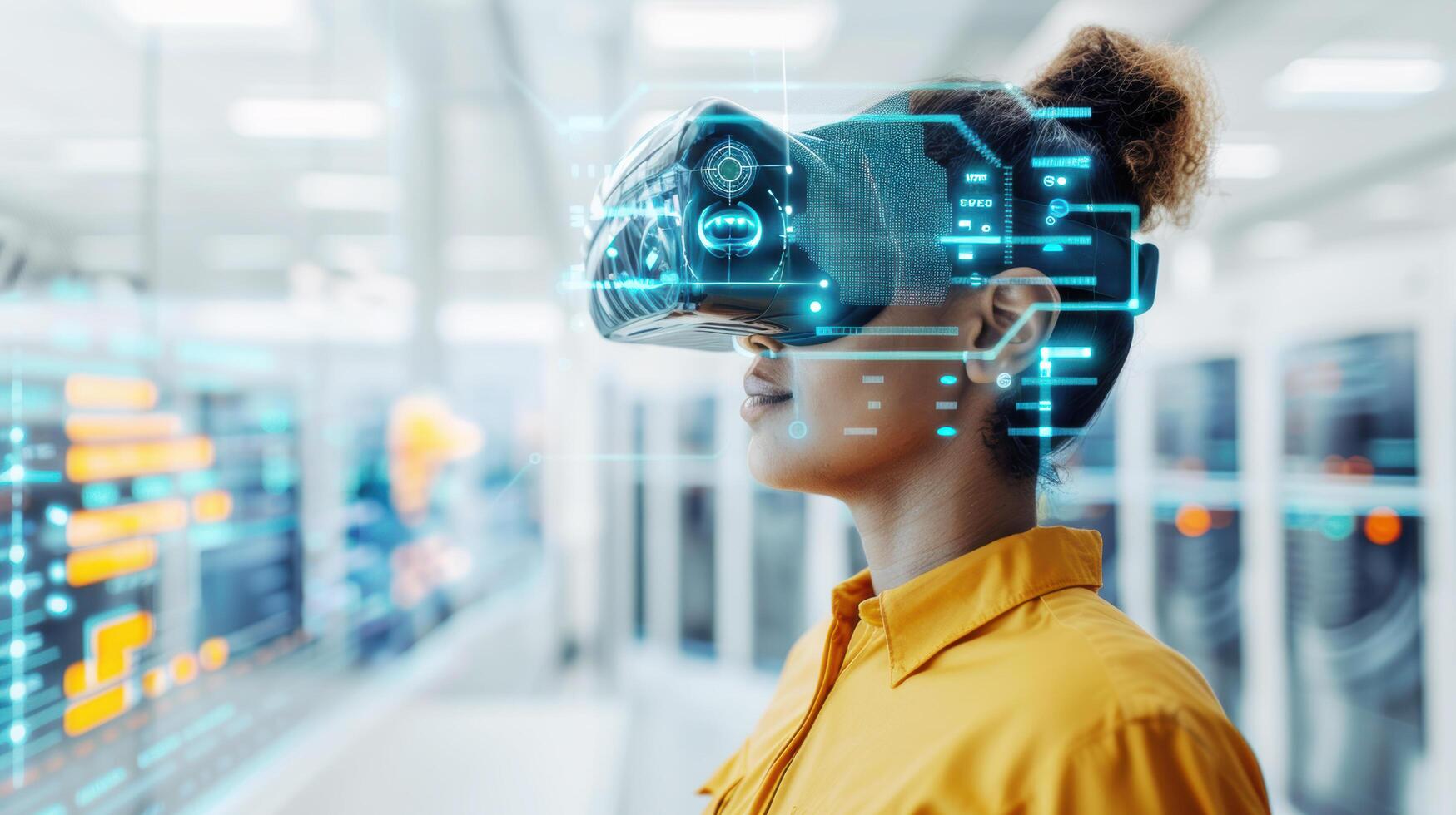 Professional African American woman scientist wearing virtual reality glasses analysing futuristic holographic data information technology. AI cyber security threat artificial intelligence college photo