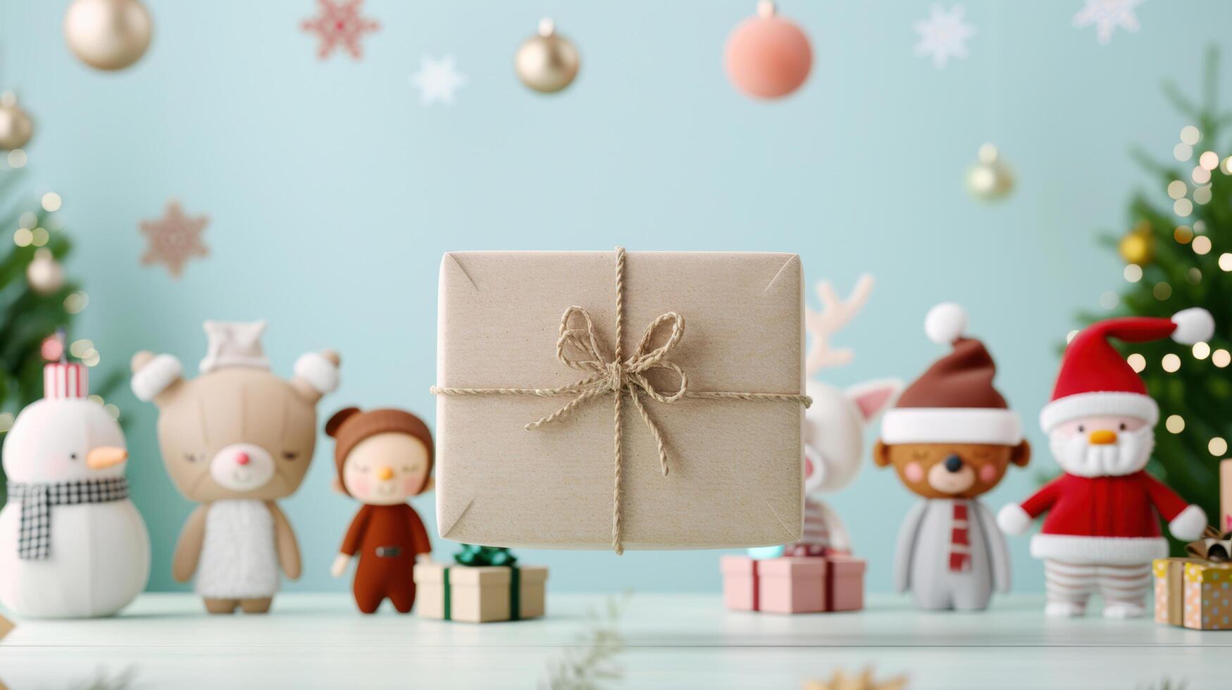 Vintage gift box with cute doll and pine tree decorated on pastel blue background for celebration on merry christmas and new year festival holiday. Flat lay photo