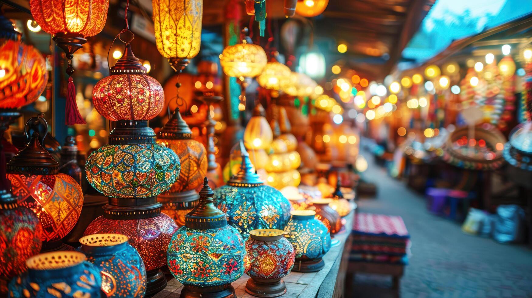 Colorful lamp and lantern market for decorated in hindu celebration of Indian Diwali festival photo
