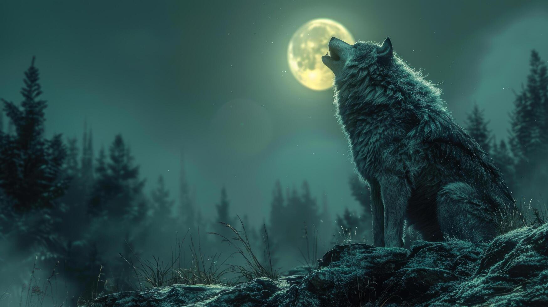 The wolf is howling in horrible smoke and foggy with full moon light on mountain cliff in dark night of forest. Imagination fantasy of scary tale story photo