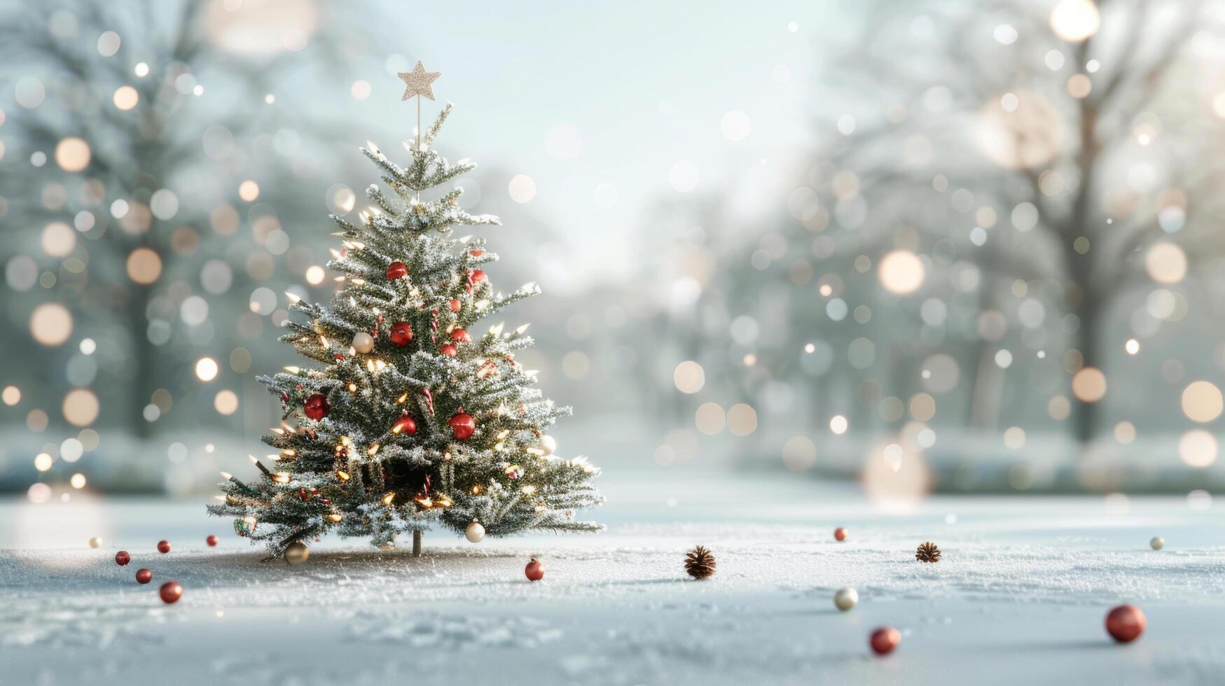 Beautiful sparkle light and red and gold ball decorated on Christmas pine tree with snowy in forest for celebration merry christmas festival. Copy space photo