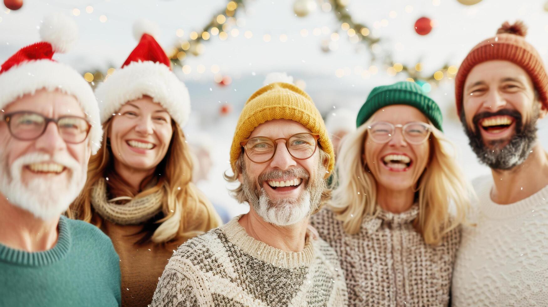 Happy multiracial friends smiling for celebration merry christmas and new year festival in the party outdoor photo