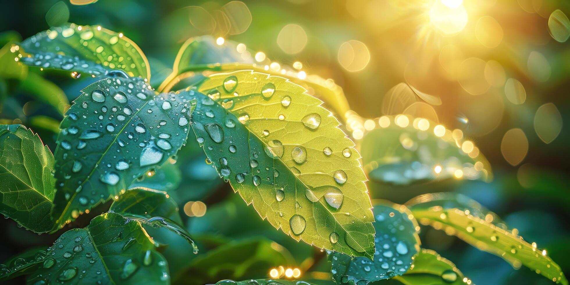 Fresh greenery with dew droplet on leafy green plant with sparkle of sunshine light in garden. Biotechnology of environmental photo