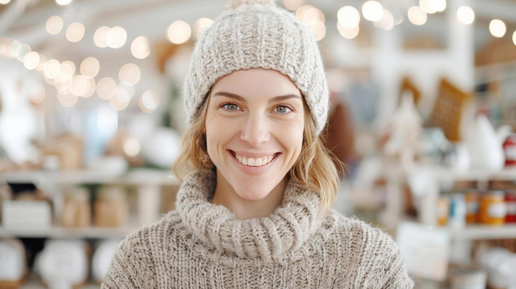 Smiling caucasian young woman wearing white wool sweater and hat cheerful in cafe for celebration merry christmas party festival photo