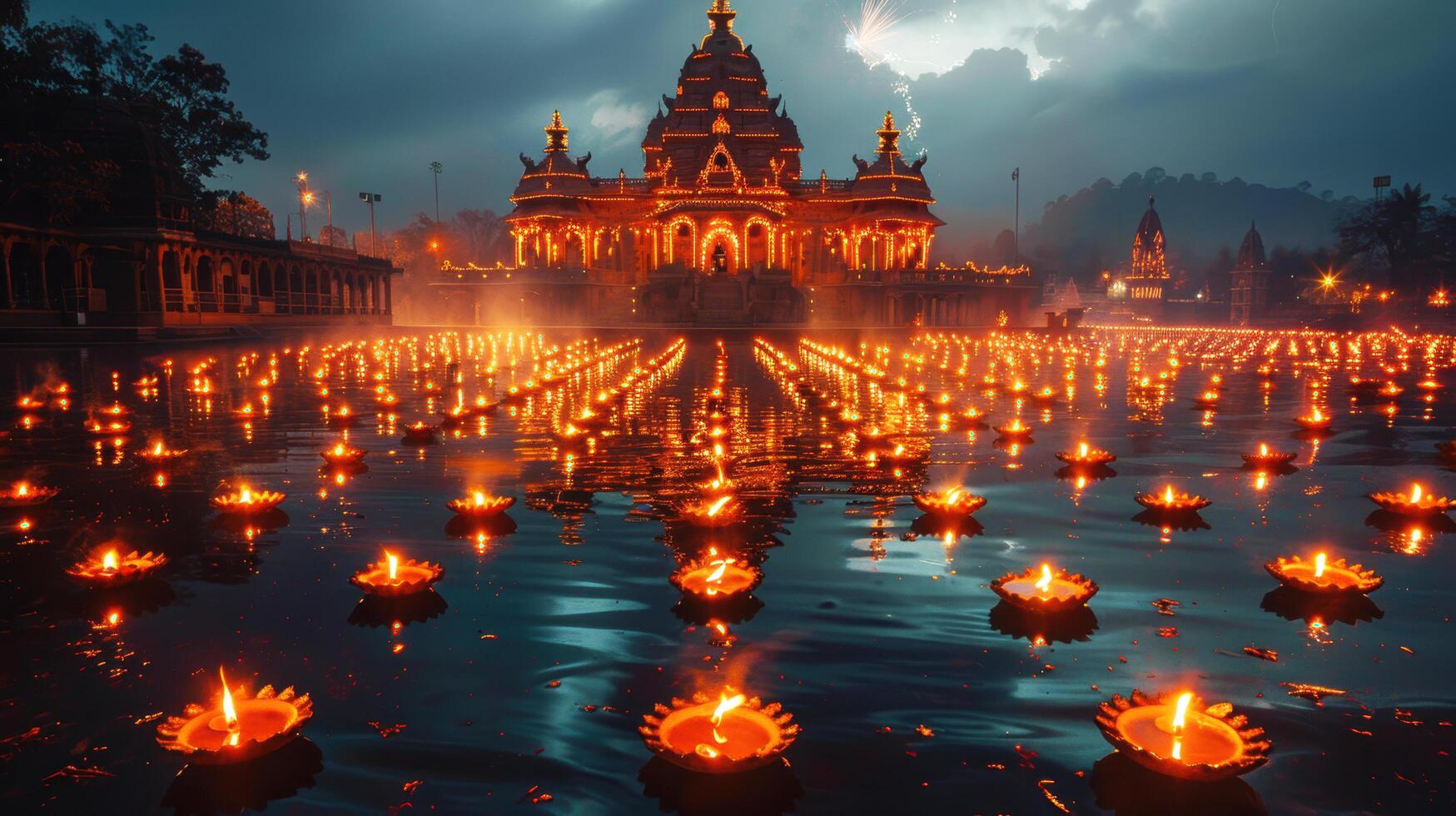 Beautiful gold thousands clay diya candle with sparkle light floating in water at temple in the night of Diwali or Deepavali Hindu festival of India and gold lights celebration photo