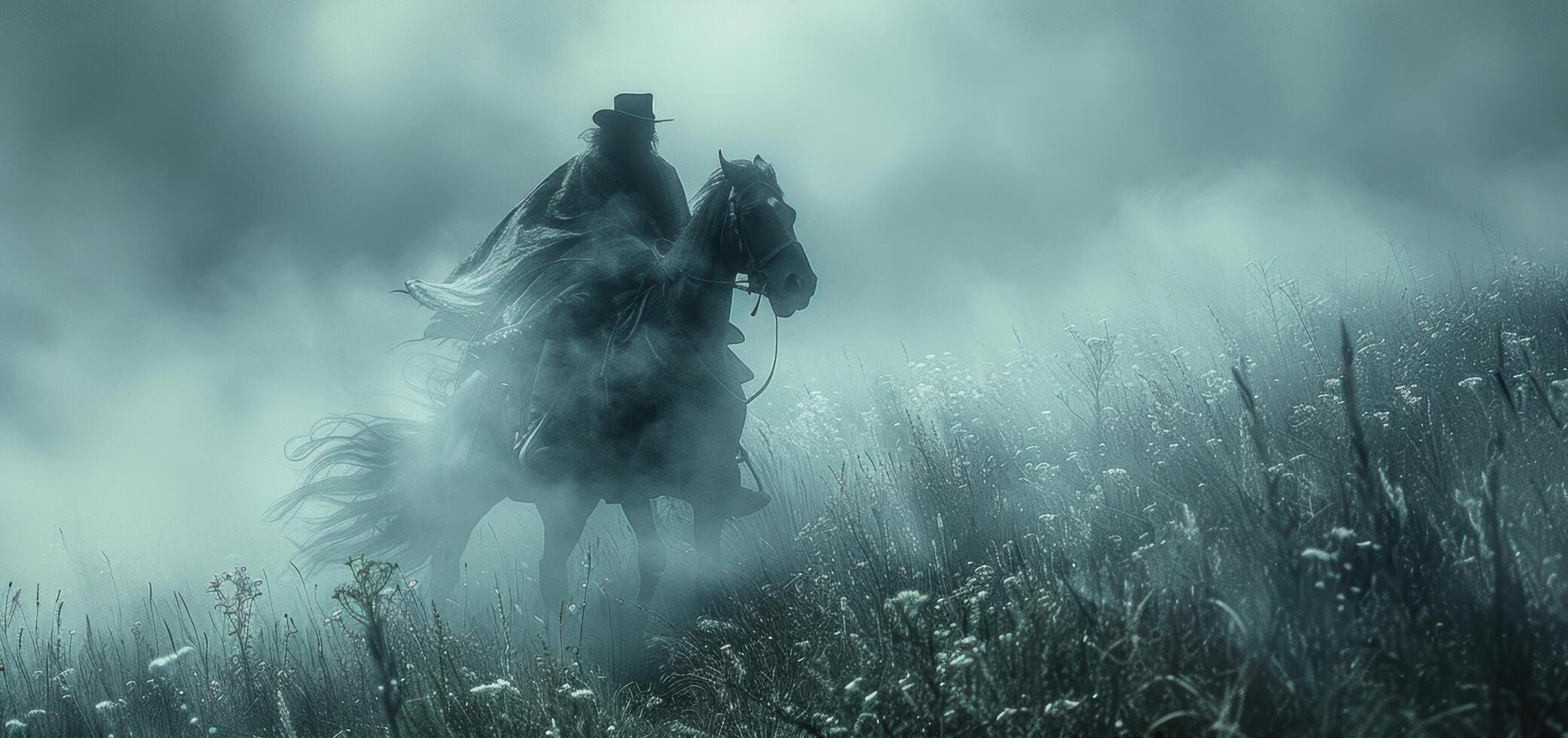 Silhouette mysterious warrior man wearing a cowboy hat is riding a horse on mountain in horrible smoke and fog in dark night. Imagination fantasy of scary tale story photo