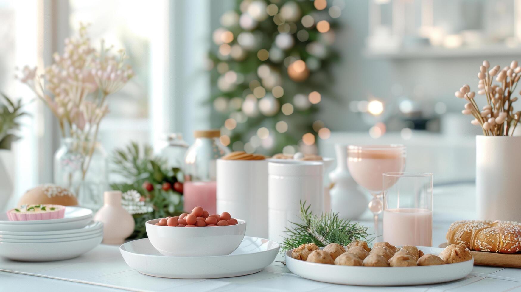 Traditional for celebration merry christmas festival on dinner table and decorated sparkle light on pine tree in cozy home photo