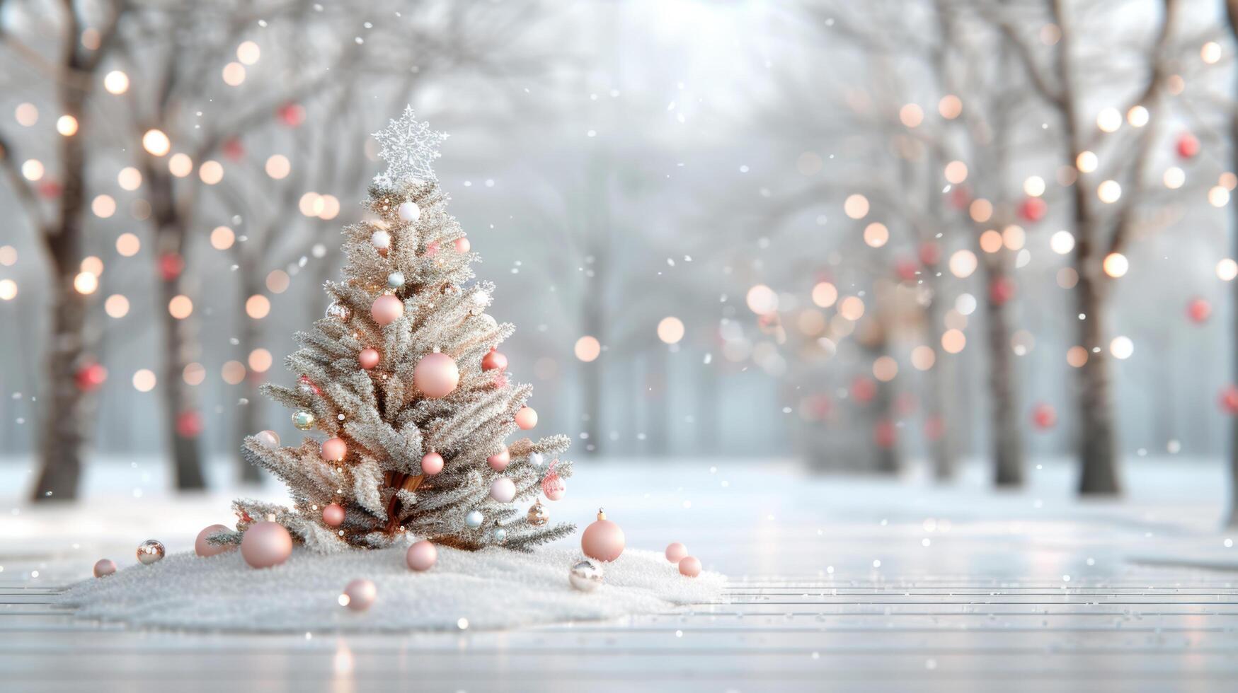 Beautiful sparkle light and pink ball decorated on Christmas pine tree with snowy in forest for celebration merry christmas festival. Copy space photo