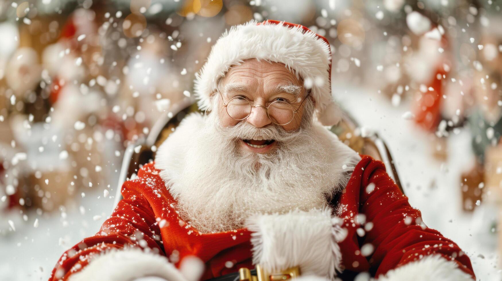 Santa Claus riding with reindeer for delivering Christmas gift in snowfall and snowflake in the city for celebration on merry christmas and new year festival holiday photo