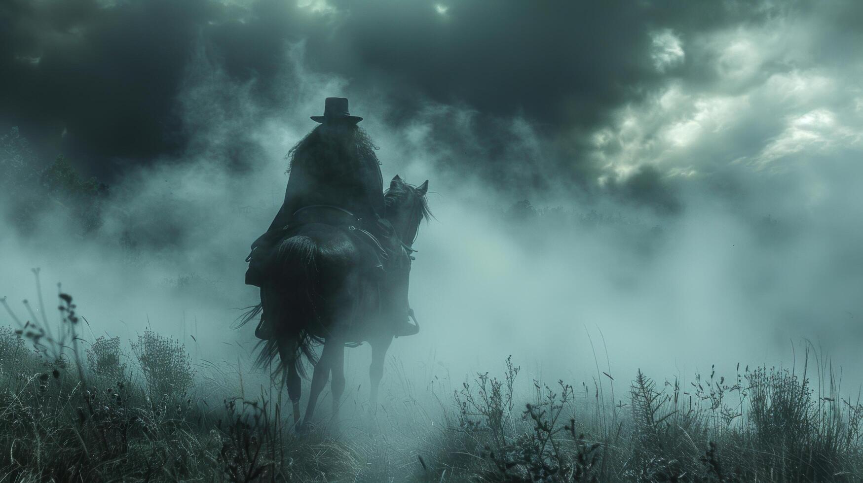 Silhouette mysterious warrior man wearing a cowboy hat is riding a horse on mountain in horrible smoke and fog in dark night. Imagination fantasy of scary tale story photo