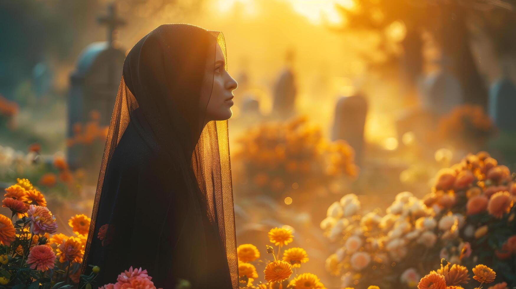 Gypsy woman tribe or Muslim young girl wearing black hijab is calm in cemetery surrounded by graves with blooming flowers garden in natural sunlight photo