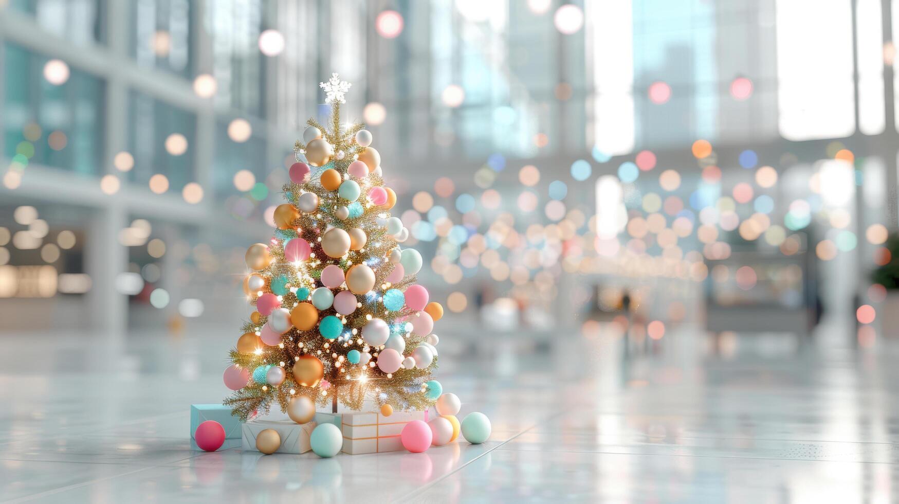 Christmas tree with gift box decorated indoor modern building and Illuminations sparkle light for celebration merry christmas festival in the city. Copy space photo