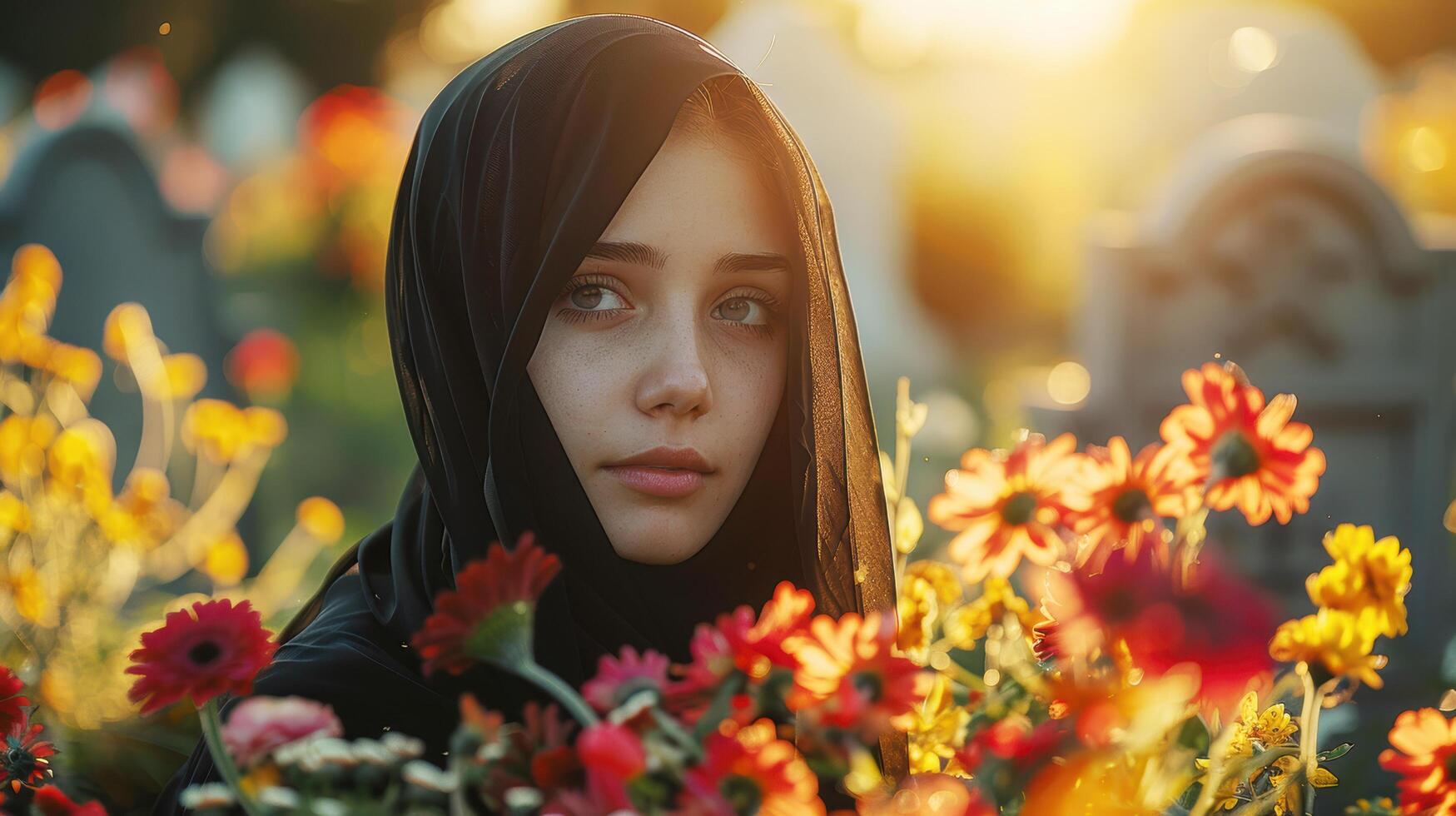 Close up gypsy woman tribe or Muslim young girl wearing black hijab is calm in cemetery surrounded by graves with blooming flowers garden in natural sunlight photo
