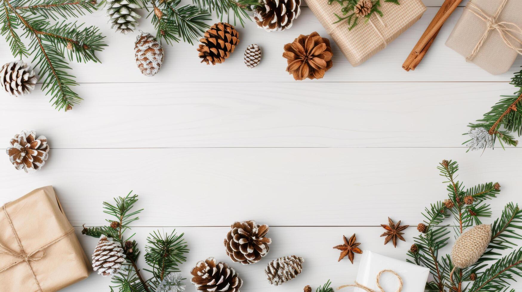 top view of vintage gift box with pine leaf and pine cone decorated on wooden floor background for celebration on merry christmas and new year festival holiday. Flat lay photo