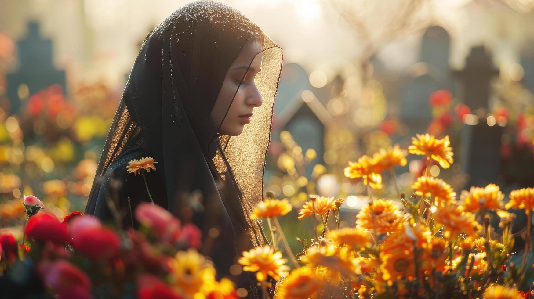 Gypsy woman tribe or Muslim young girl wearing black hijab is calm in cemetery surrounded by graves with blooming flowers garden in natural sunlight photo