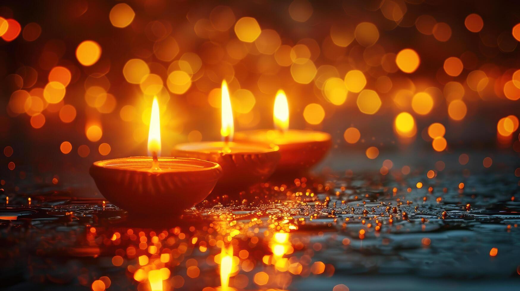 Three Clay diya candle with sparkle light in bokeh background in Diwali or Deepavali Hindu festival of India and gold lights celebration. Copy space photo