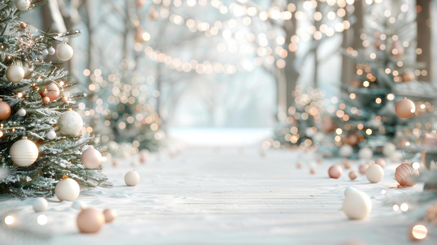 Beautiful sparkle light decorated on Christmas pine tree with snowy in forest for celebration merry christmas festival. Copy space photo