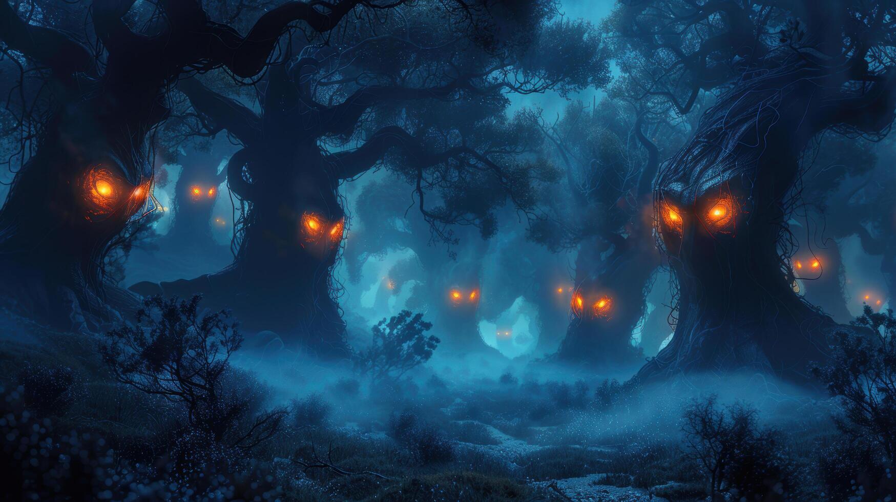 Tale story of giant ghost trees with glowing orange fire eyes in the haunted forest in dark night and haunting scare blue light. Halloween holiday photo